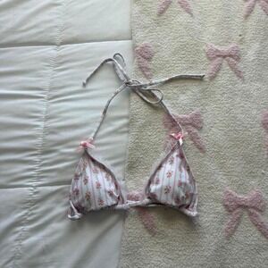 Floral bow pink and white triangle bikini top